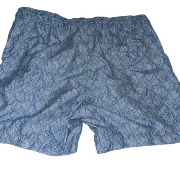 Mens Blue Swim Trunks With Drawstring Waist & Leaf Pattern - Picture 3 of 6
